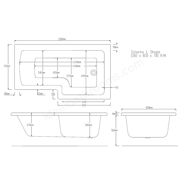 Shell 1500mm x 850mm Left Handed L Shaped Bath