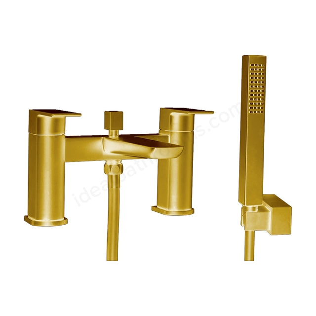 Pebble PVD Coated Bath Shower Mixer w/ 2 Tap Holes, Slide Rail & Fixed & Handheld Shower Head Brushed Brass - PBBR038
