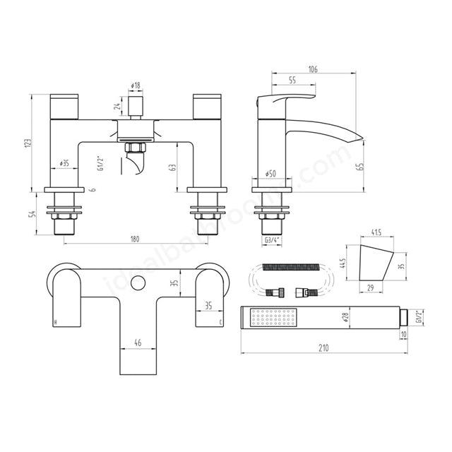 Cape PVD Coated Bath Shower Mixer w/ 2 Tap Holes, Slide Rail & Fixed & Handheld Shower Head Brushed Brass - PBBR065