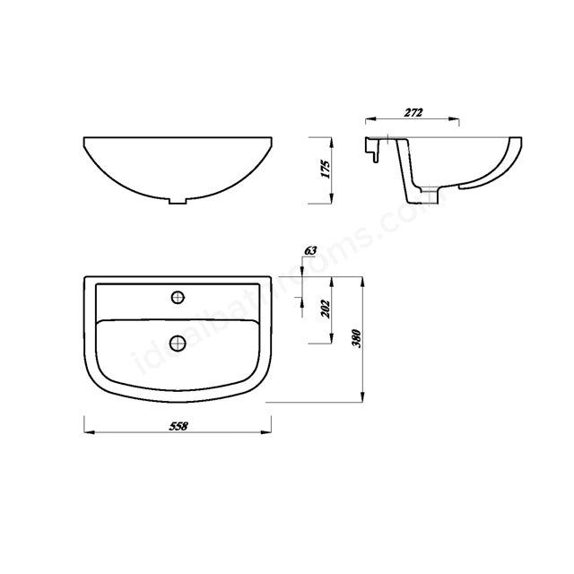 Dune 560mm x 380mm Semi Recessed 1 Tap Hole Basin - White