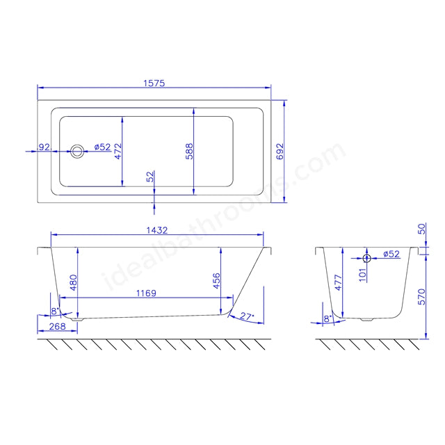 1575 x 700mm Super Deep Bath White - 02750