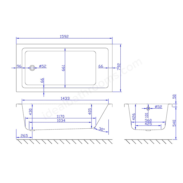 1600 x 800mm Carronite Single Ended Bath White - 02146