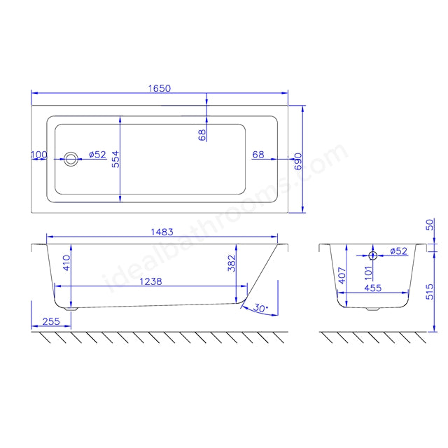 1650 x 700mm Single Ended Bath White - 02633