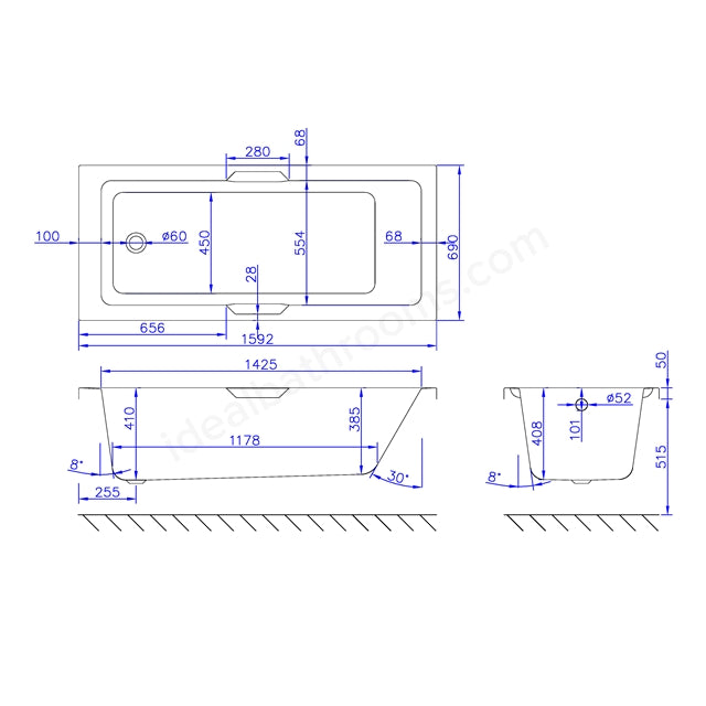 1600 x 700mm Single Ended Bath White - 02167