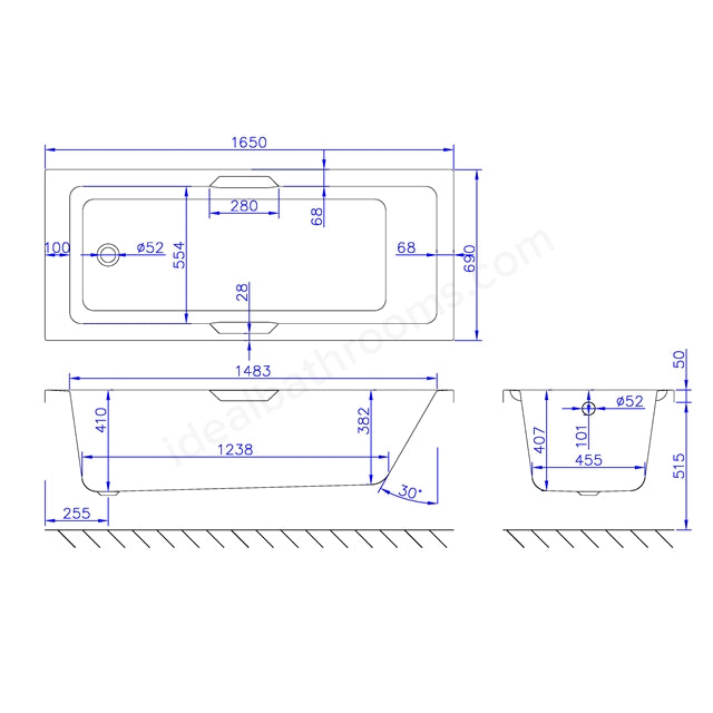 1650 x 700mm Carronite Single Ended Bath White - 02524