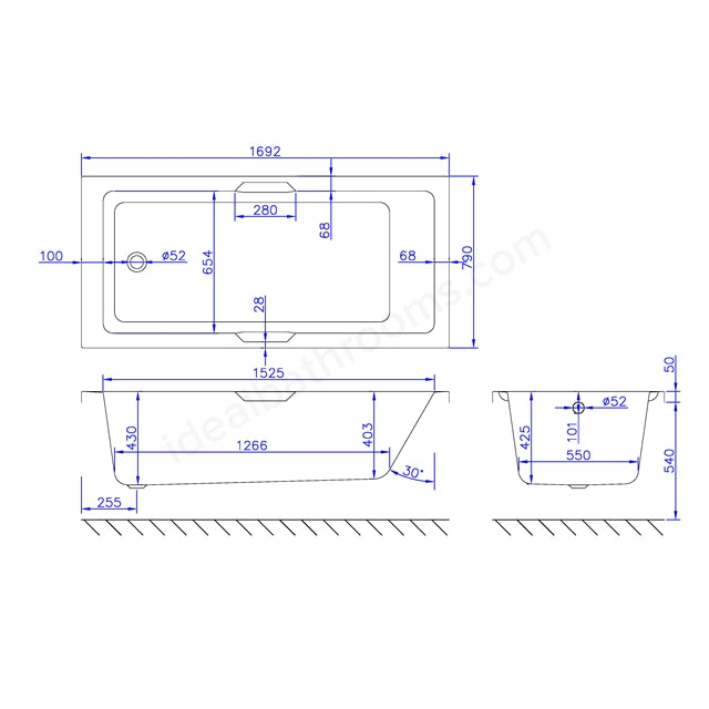 1700 x 800mm Carronite Single Ended Bath White - 02395