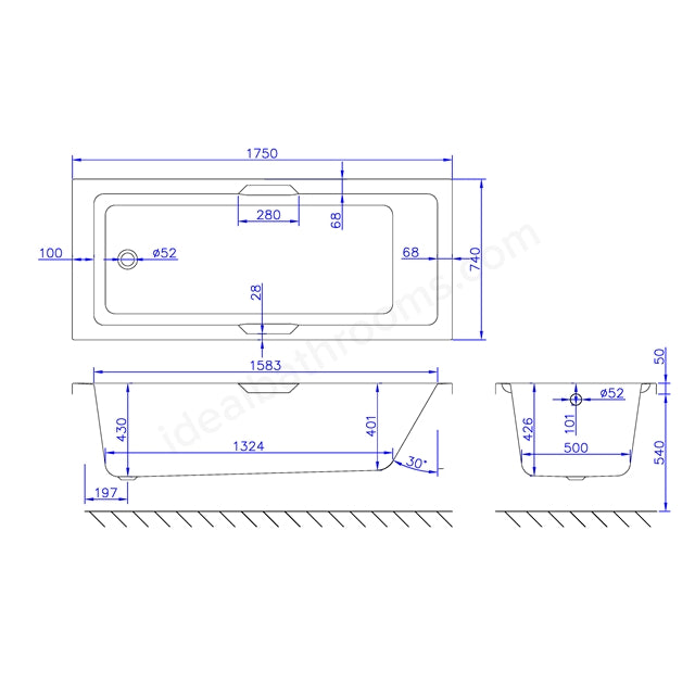 1750 x 750mm Carronite Single Ended Bath White - 02596