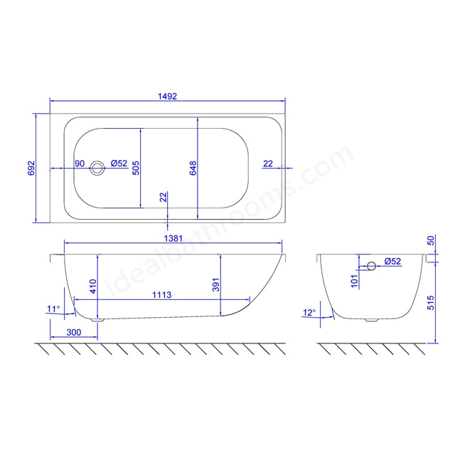 1500 x 700mm Carronite Single Ended Bath White - 02419
