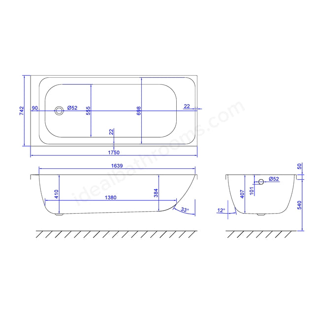 1750 x 750mm Single Ended Bath White - 02591
