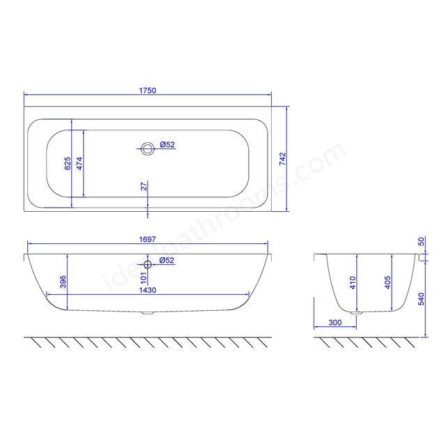 1750 x 750mm Carronite Double Ended Bath White - 02594