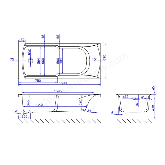1600 x 700mm Carronite Bath White - 02034