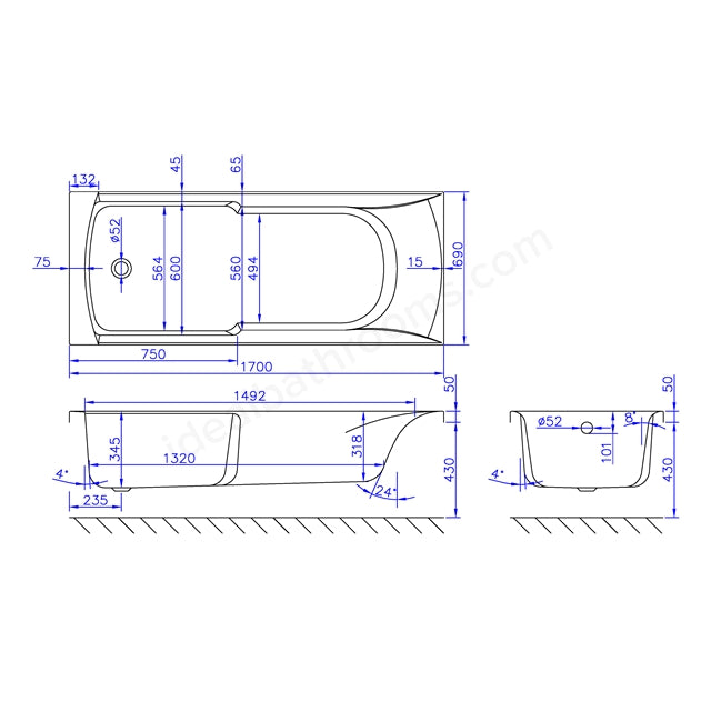 1700 x 700mm Carronite Bath White - 02038