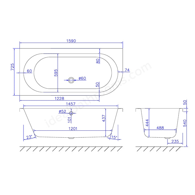1600 x 725mm Carronite Right Hand Bath White - 02212