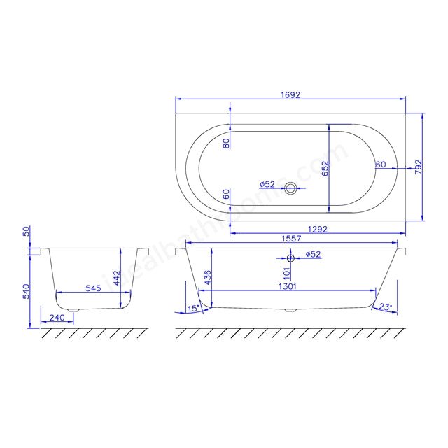 1700 x 800mm Carronite Left Hand Bath White - 02218