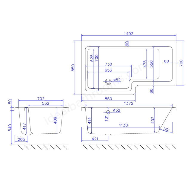 1500mm Shower Bath Left Handed White - 02173