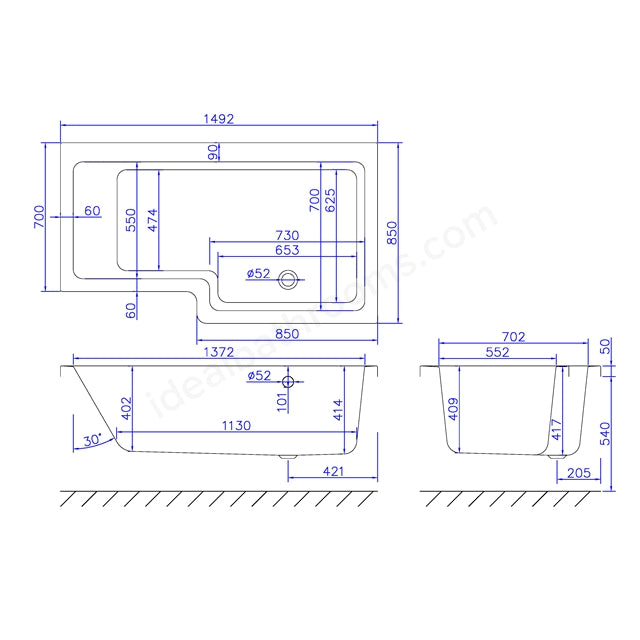 1500mm Shower Bath Right Handed - 02175