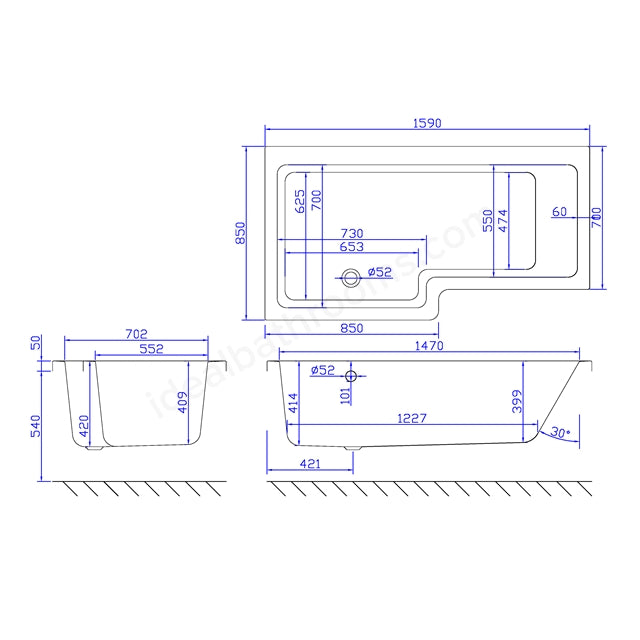 1600mm Shower Bath Left Handed Carronite - 02387