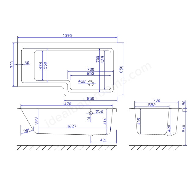 1600mm Shower Bath Right Handed - 02388