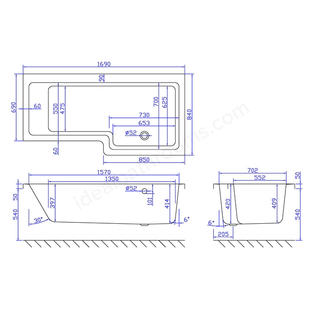 1700mm Shower Bath Right Handed Carronite - 02208