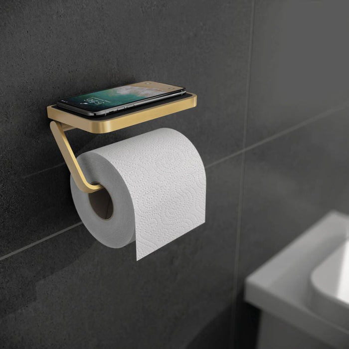 HiB Atto Toilet Roll Holder with Shelf & Anti-slip Mat - Brushed Brass - ACTRHBB01