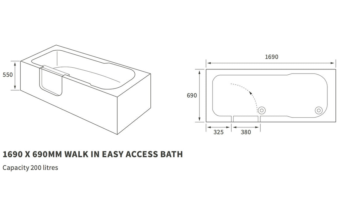 Cardiff 1690x690x550mm 0TH Bath (RH)