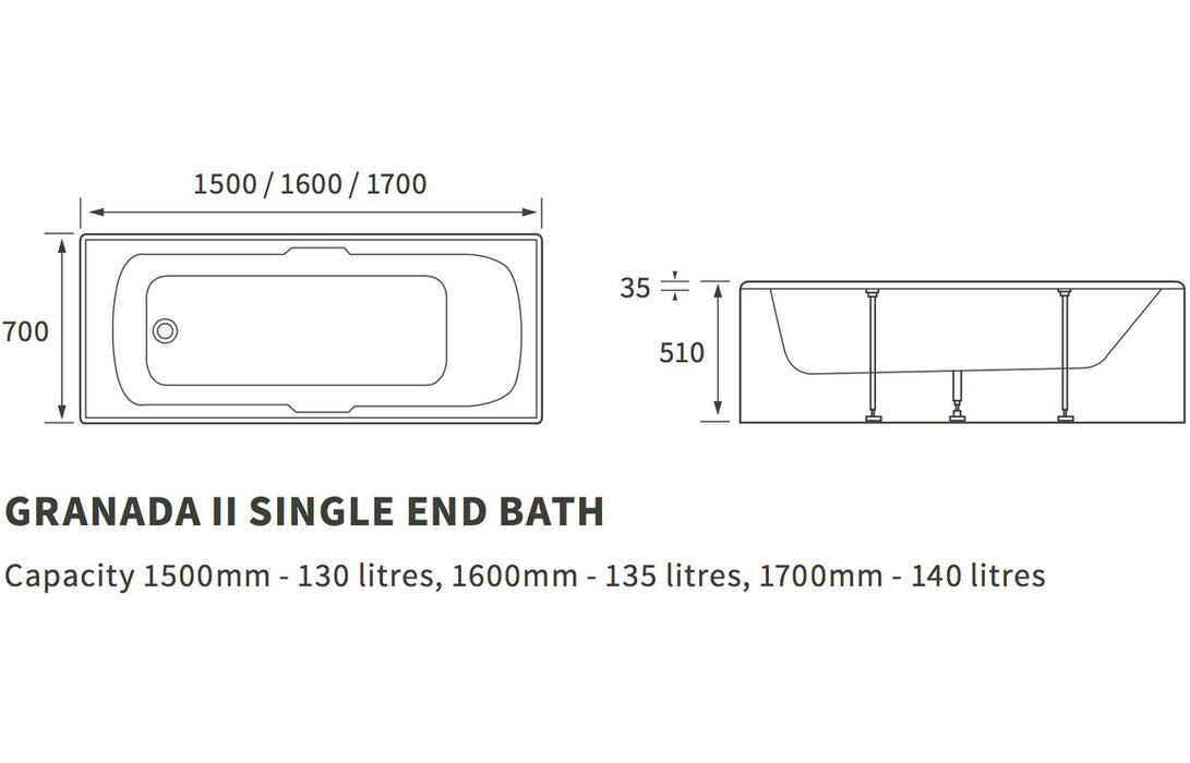 Messina Single End Twin Grip Textured Base 8mm 1700x700x510mm 2TH Bath