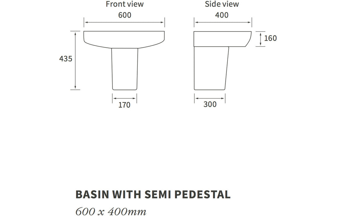 Bala W600 x D400mm 1TH Basin & Semi Pedestal