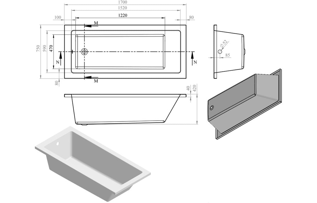 Perugia Square Single Ended SUPERCAST 1700x750x550mm 0TH Bath w/Legs