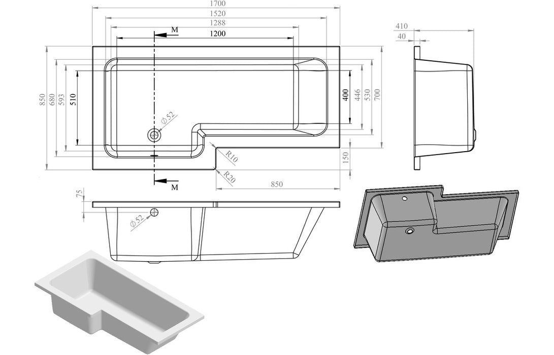 Perugia L Shape 1700x850x560mm 0TH Shower Bath Pack (LH)