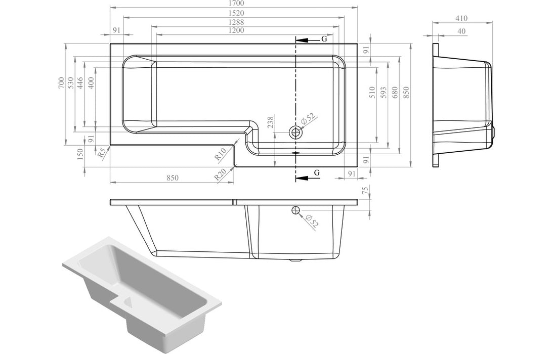 Perugia L Shape 1700x850x560mm 0TH Shower Bath Pack (RH)