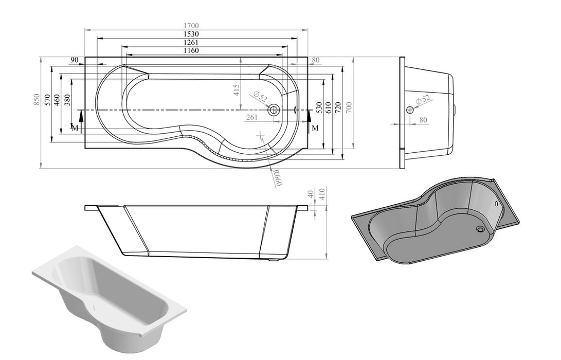 P-Shape Single End 1700x700-850x410mm 0TH Bath Only (RH)