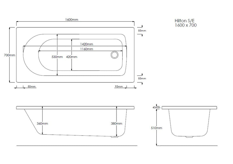 Cliff 1600mm x 700mm Single Ended Bath