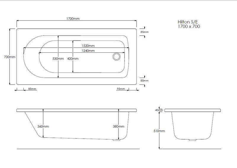 Cliff 1700mm x 700mm Single Ended Bath