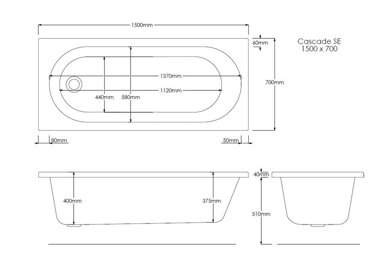 Rock 1500mm x 700mm Single Ended Bath