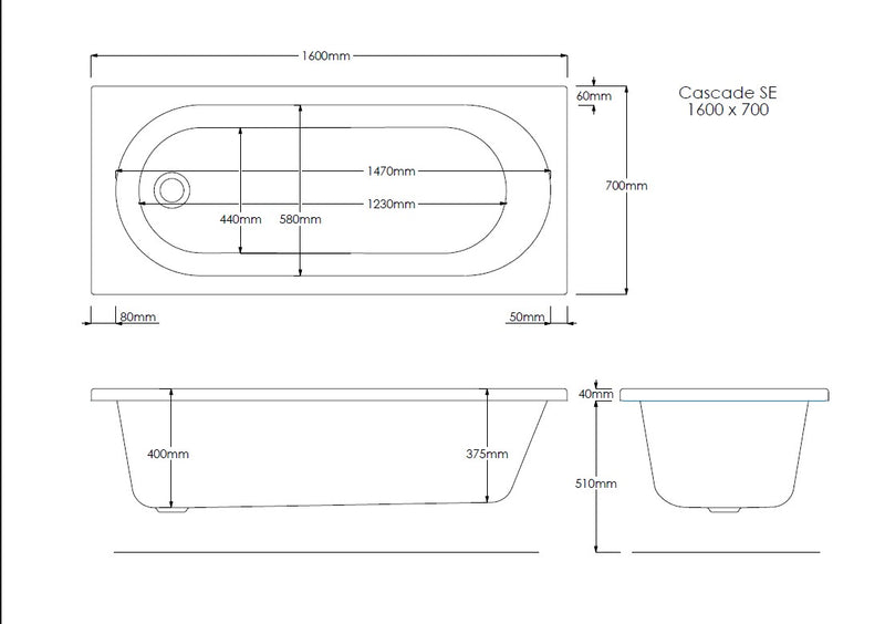 Rock 1600mm x 700mm Single Ended Bath
