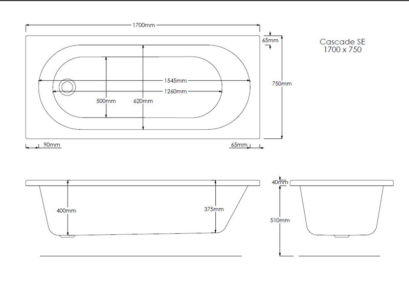 Rock 1700mm x 750mm Single Ended Bath