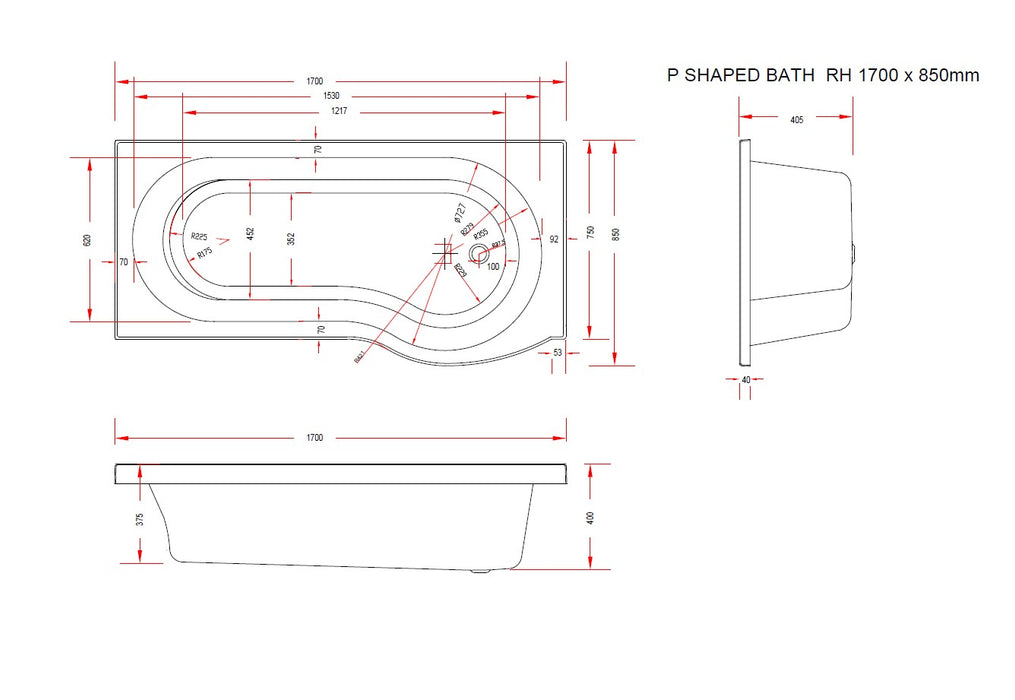 Stone 1700mm x 850mm Right Handed P Shaped Bath