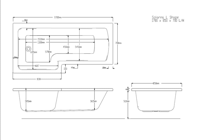Shell 1700mm x 850mm Left Handed L Shaped Bath