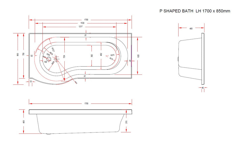 Stone Plus 1700mm x 850mm Left Handed P Shaped Bath
