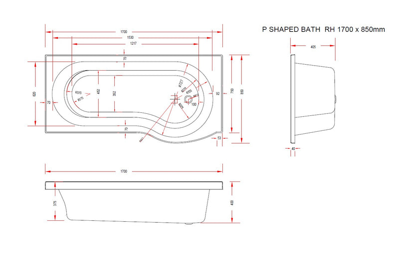Stone Plus 1700mm x 850mm Right Handed P Shaped Bath