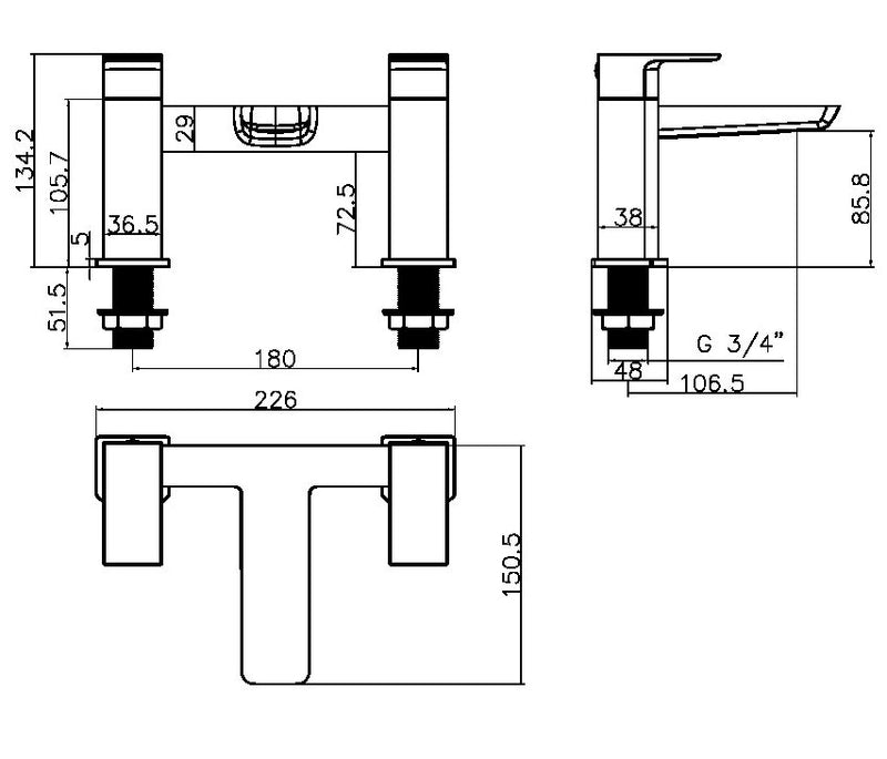 Pebble One Spout Bath Filler w/ 2 Tap Holes - Chrome