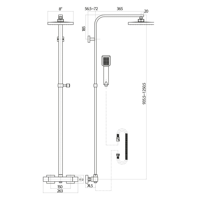 Marina Column Shower w/ Rail, Hose & Square Head - Chrome