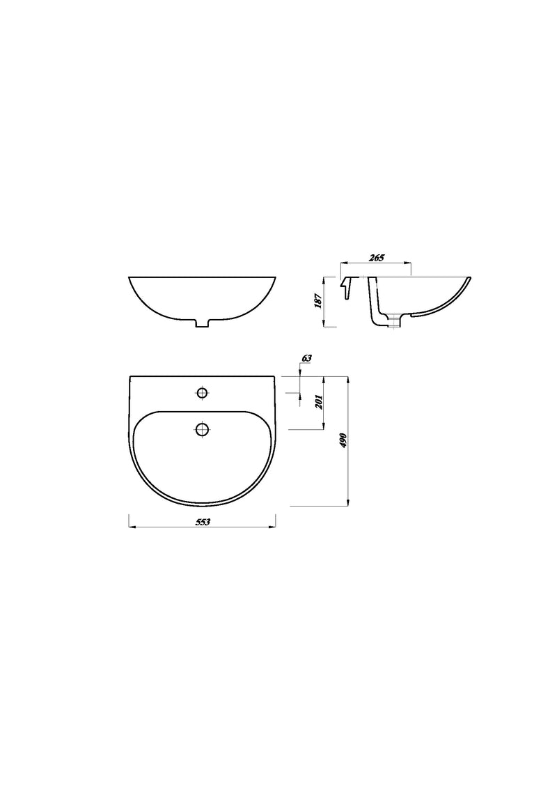 Bay 550mm x 490mm Round Semi Recessed 1 Tap Hole Basin - White