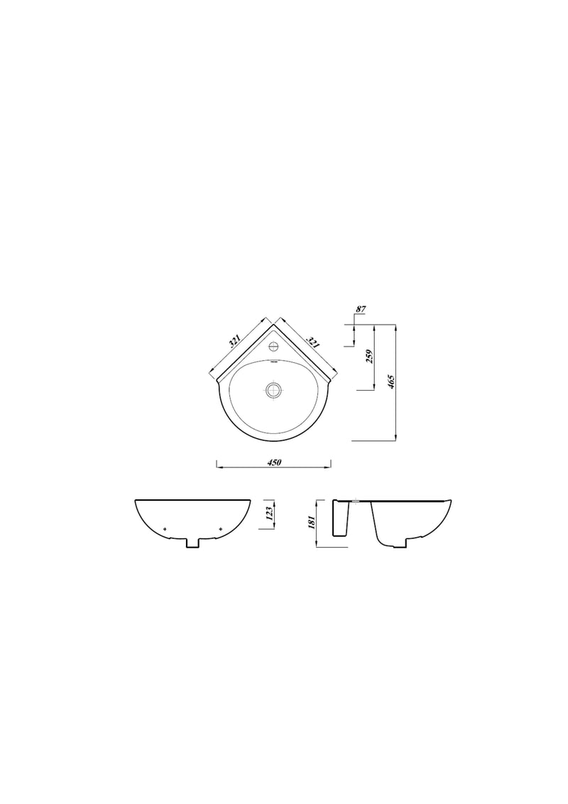 Blue 450mm x 465mm 1 Tap Hole Corner Basin - White