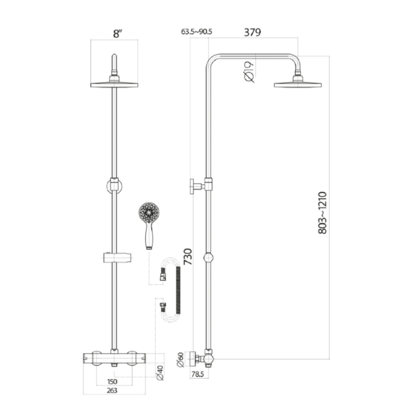 Marina PVD Coated Column Shower w/ Rail, Hose & Round Head - Brushed Brass